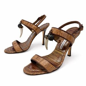 Manolo Blahnik Python Leather Charm Slingback Sandals Heels Womens Size EU 38.5